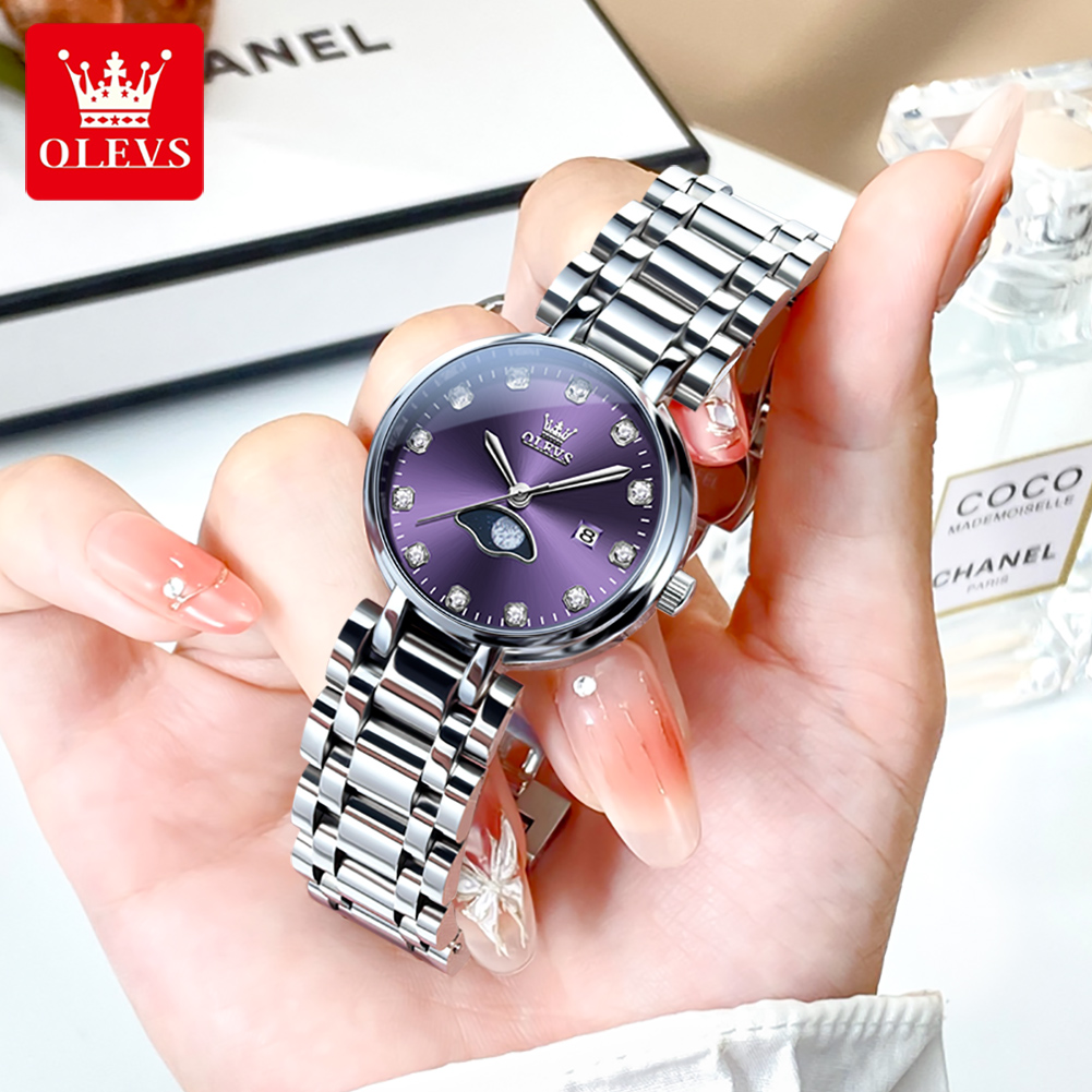 Luxury Watch Moon Phase - Olevs elegante moda roxo strass dial