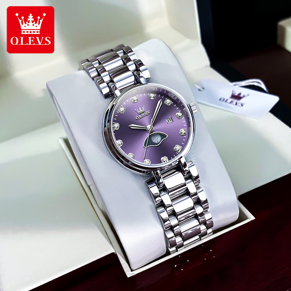 Olevs elegante moda roxo stras - Luxury Watch Moon Phase avaliação e preço