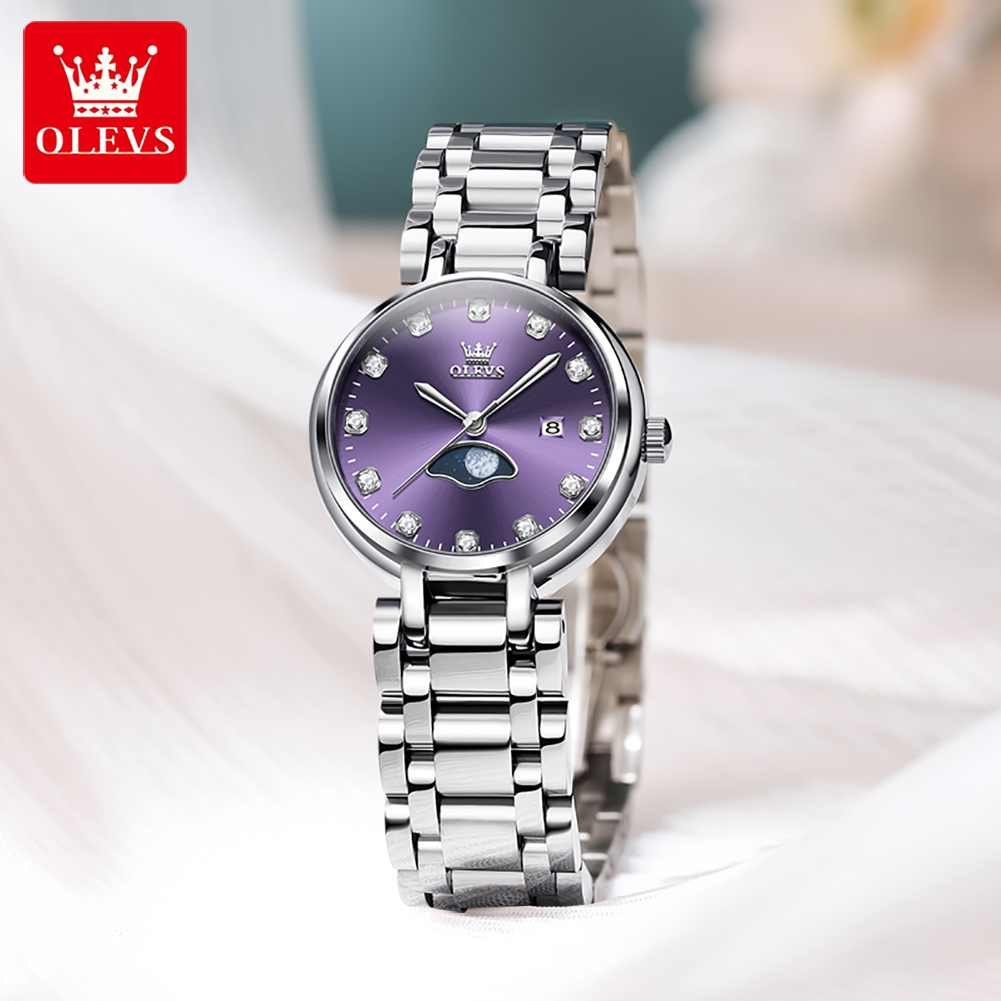 Olevs elegante moda roxo stras - Luxury Watch Moon Phase avaliação e preço