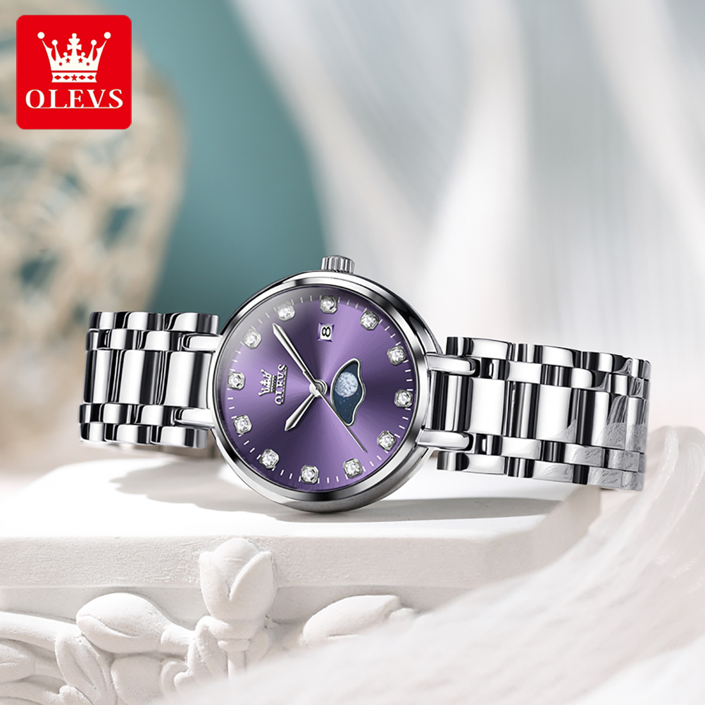 Olevs elegante moda roxo stras - Luxury Watch Moon Phase avaliação e preço